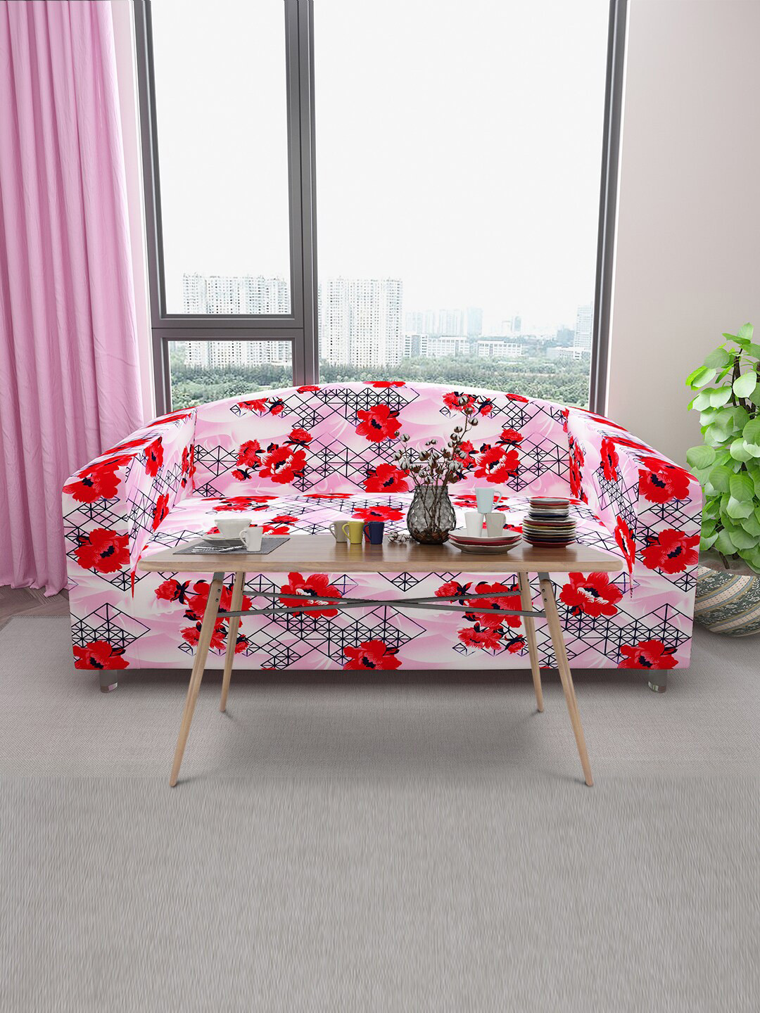 DREAM CARE Pink & Red Floral Printed Stretchable 3-Seater Sofa Slipcover With Foam Sticks