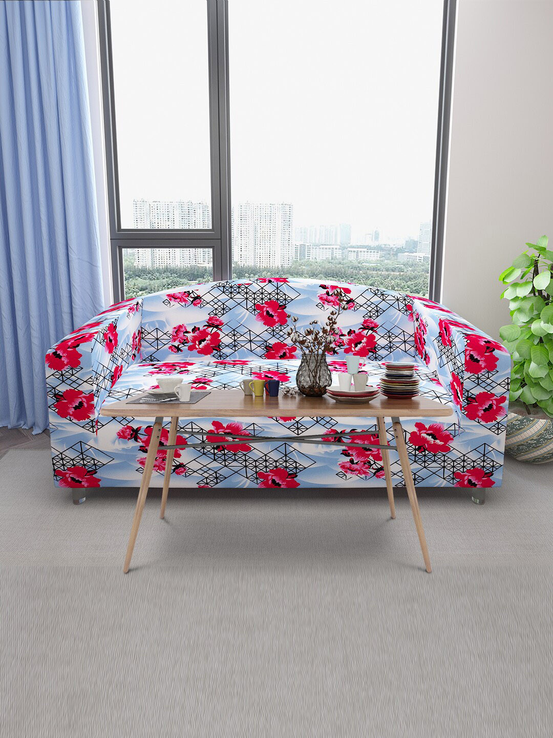 DREAM CARE Blue & Pink Floral Printed Stretchable 3-Seater Sofa Cover With Anti Slip Foam Sticks