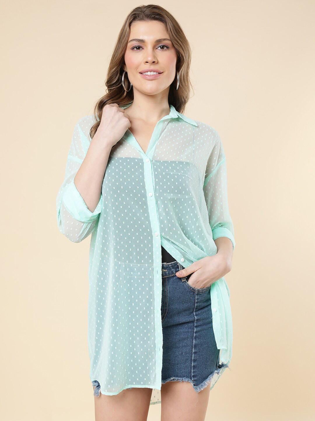 A.T.U.N. Sheer Dobby Self Design Longline Shirt Style Top