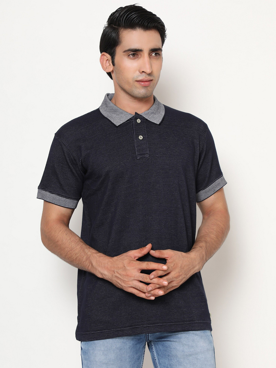 SHIRT THEORY Accentuated Polo Collar Self Design Cotton Slim Fit T-shirt