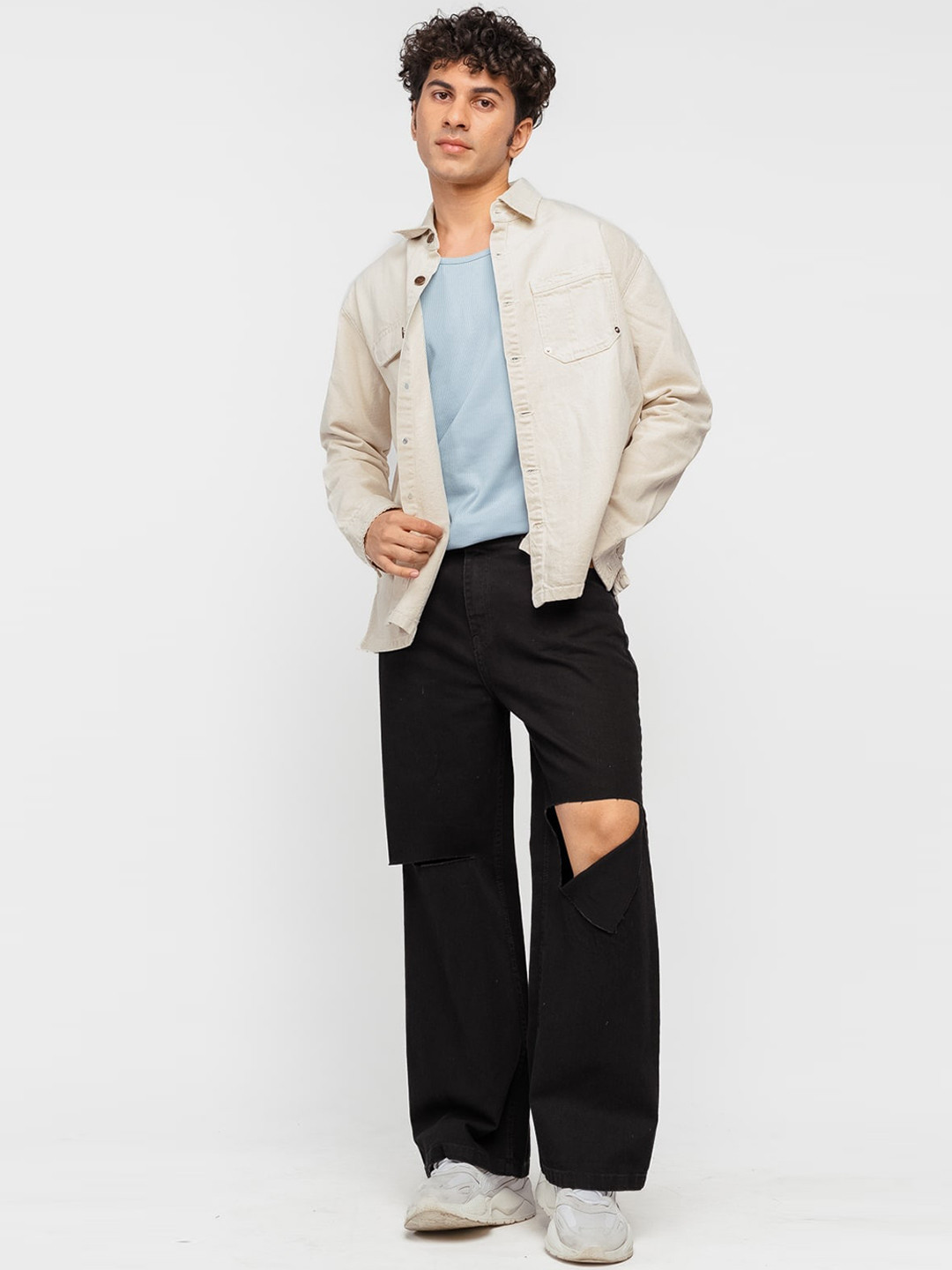 FREAKINS Men Cotton Wide Leg High-Rise Slash Knee Jeans