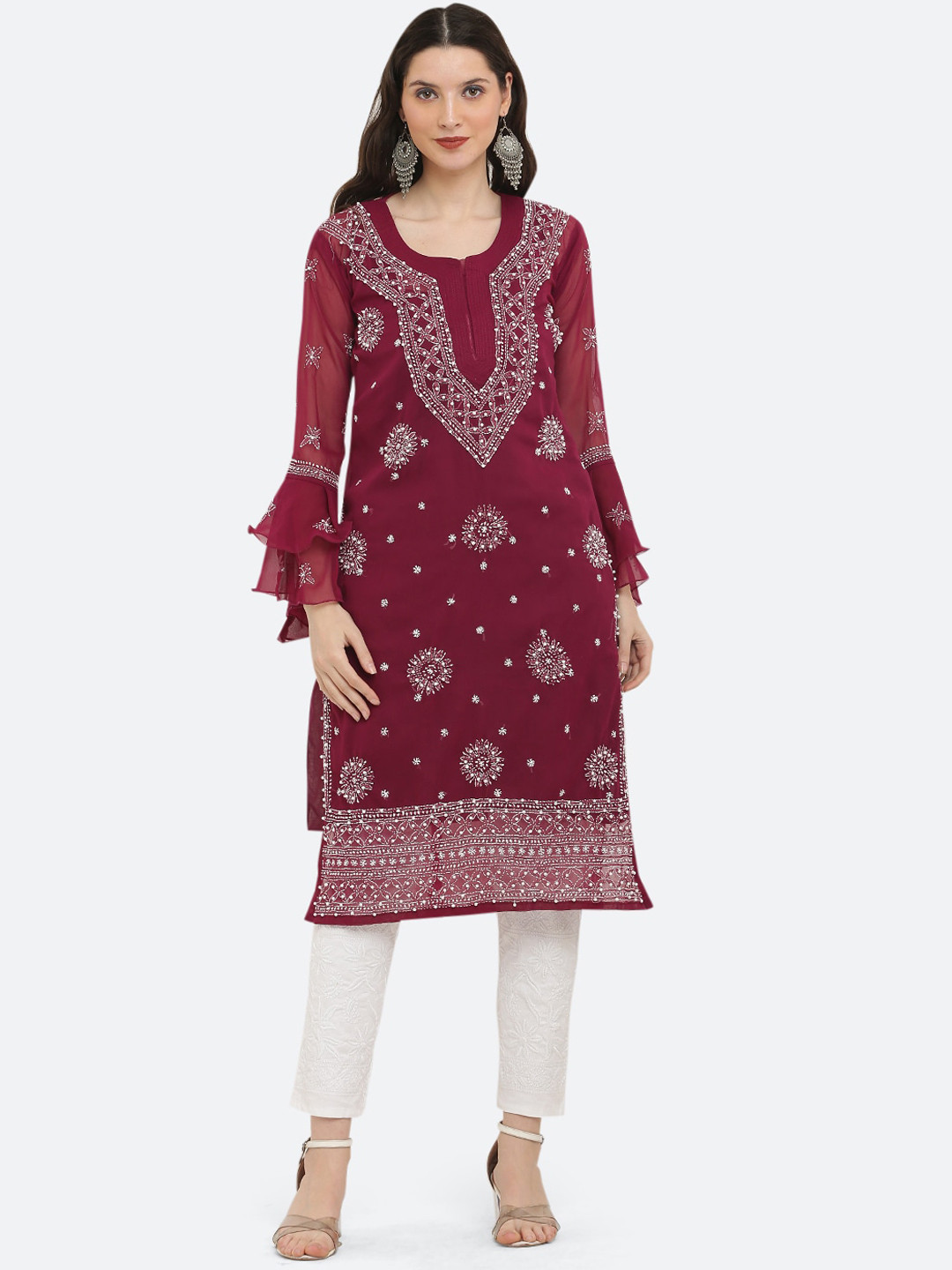 FAWOMENT Ethnic Motifs Embroidered Beads & Stones Bell Sleeves Georgette Kurta with Inner