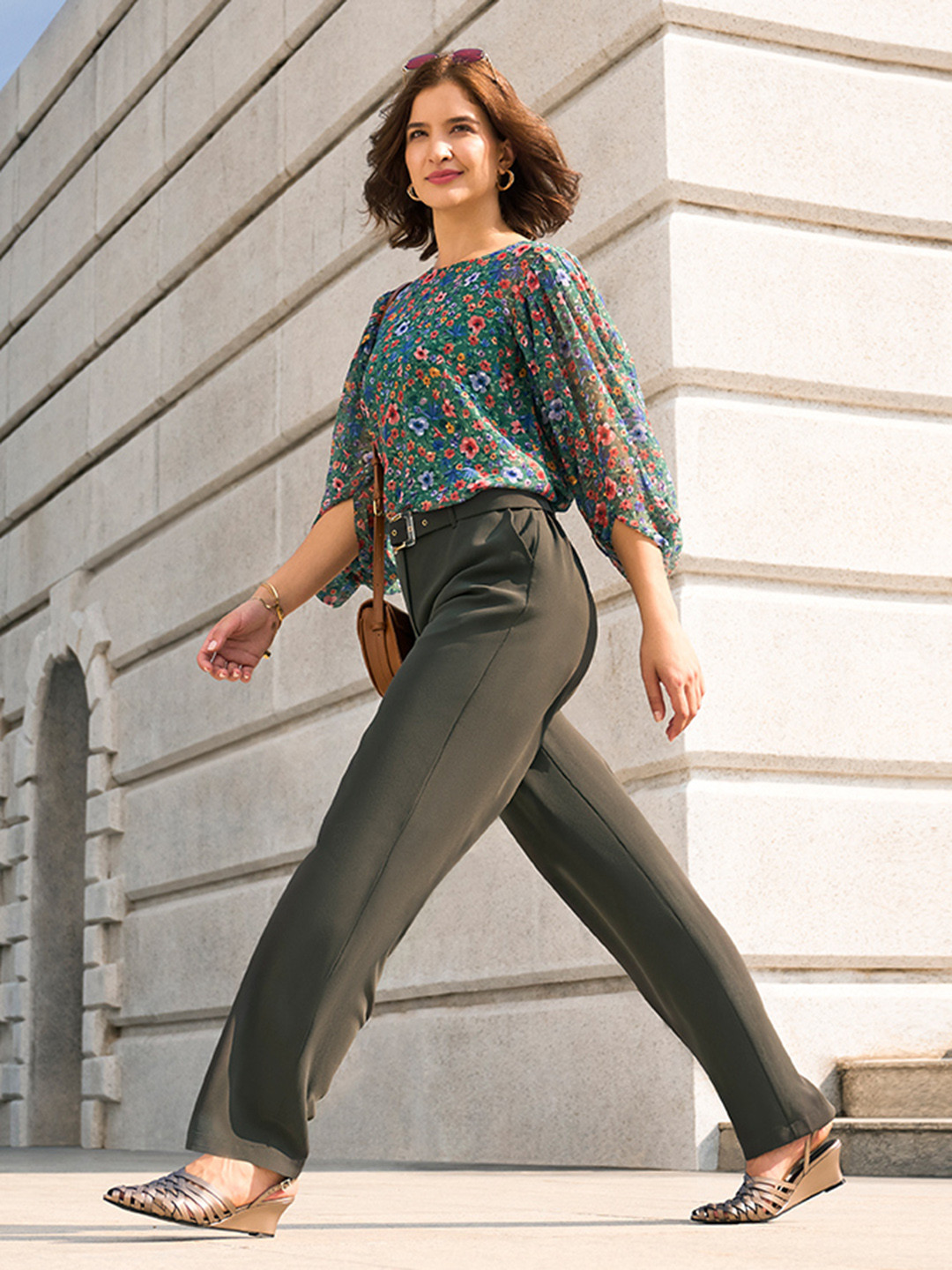 W Green Floral Printed Puff Sleeves Top