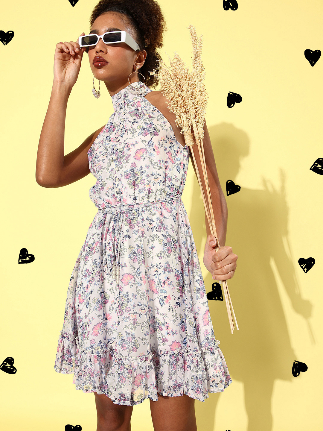 QUIERO Floral Halter Neck Georgette Dress