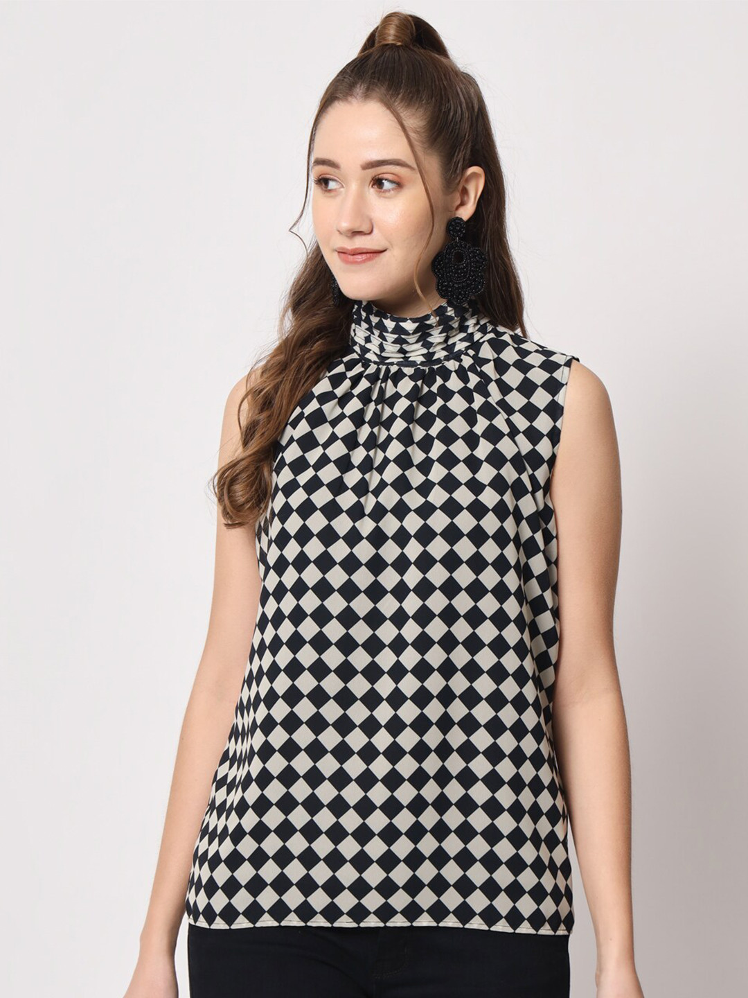 CHARMGAL Checked High Neck Gathered Top