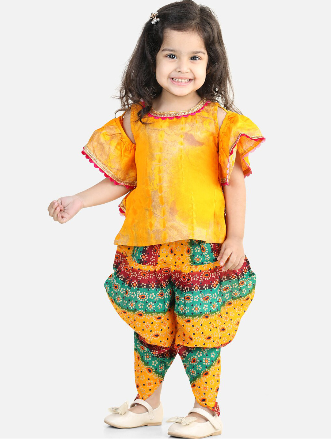 BownBee Girls Bandhani Pure Cotton Top with Dhoti Pants