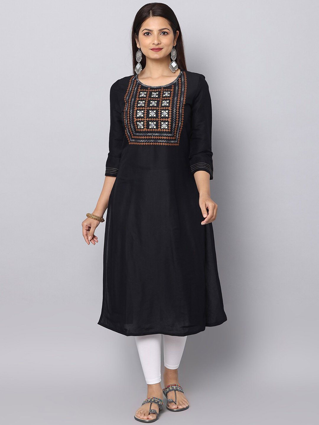 Alena Embroidered Yoke Design Round Neck Cotton Thread Work Kurta