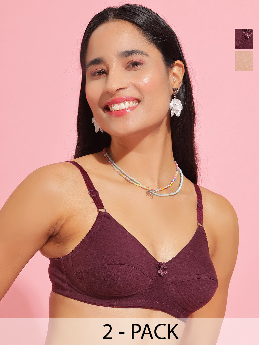 Dollar Missy Pack of 2 Women Cotton Wire-Free Uplift Support Bra DES-1201-R3-SKN-PRP-PO2