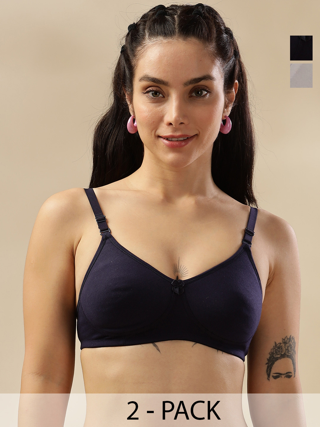 Dollar Missy Pack of 2 Women Cotton Wire-Free Soft Padded Bra DTS-2051-R3-WHT-NVY-PO2