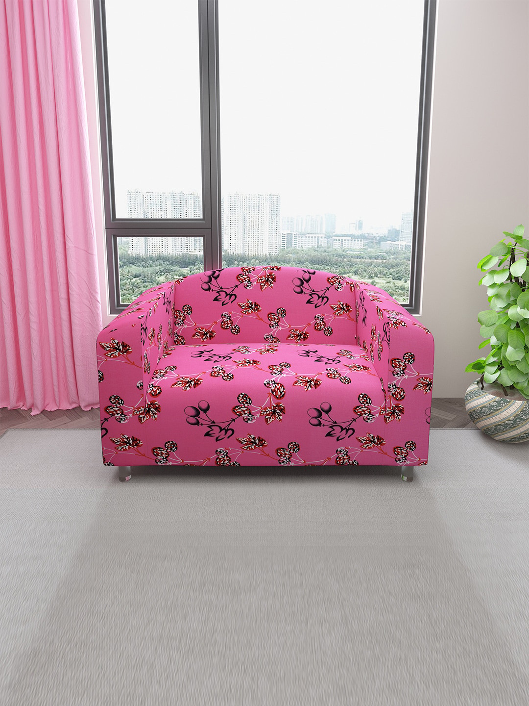 DREAM CARE Pink & Maroon Printed 2-Seater Stretchable Sofa Slipcover With Foam Sticks