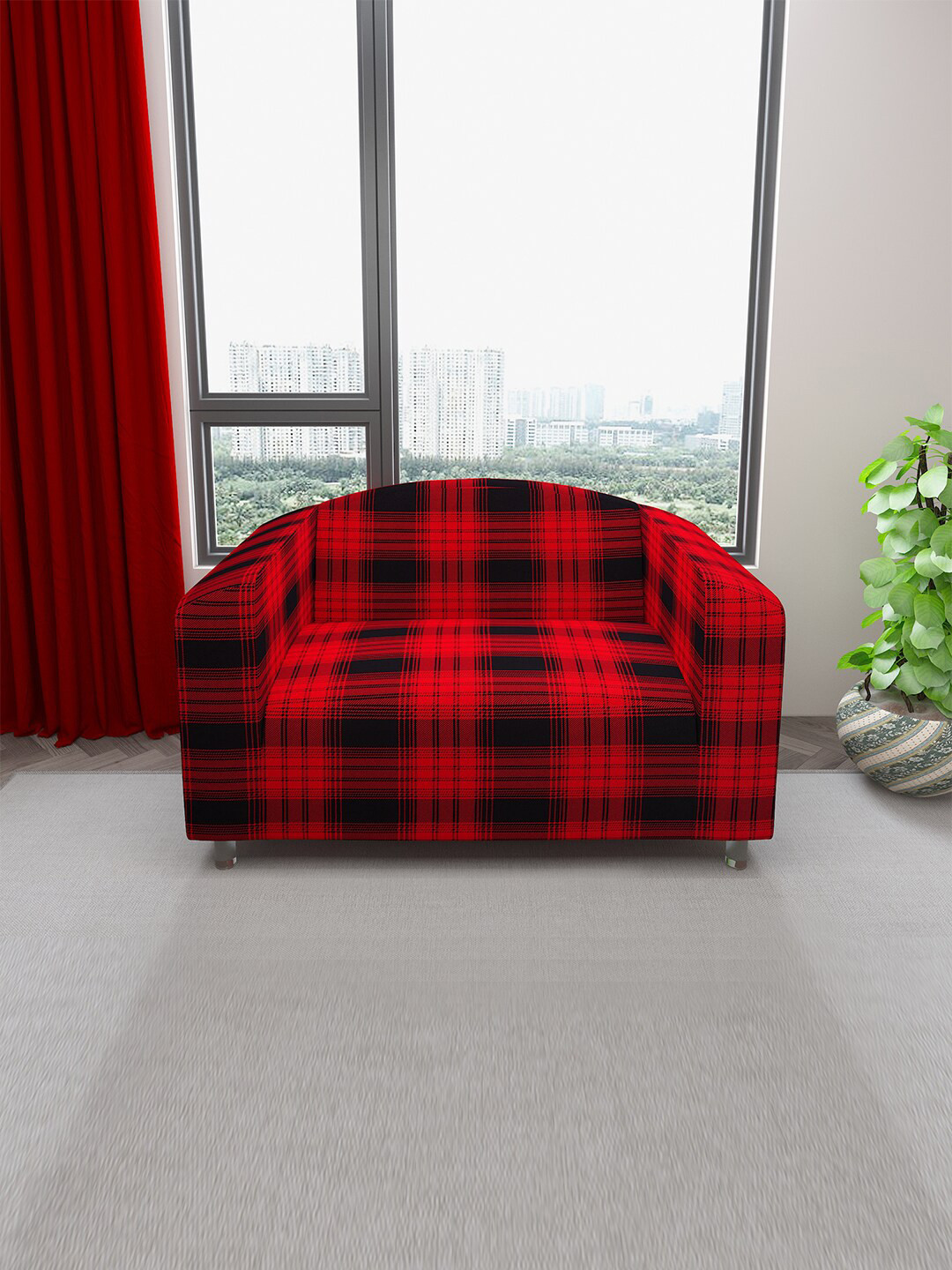 DREAM CARE Red & Black Checked 2-Seater Stretchable Sofa Slipcover With Foam Sticks