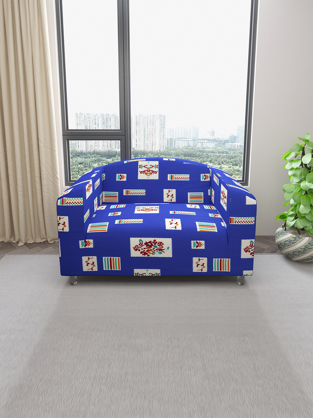 DREAM CARE Purple Floral Printed Stretchable 2-Seater Sofa Cover With Anti Slip Foam Sticks