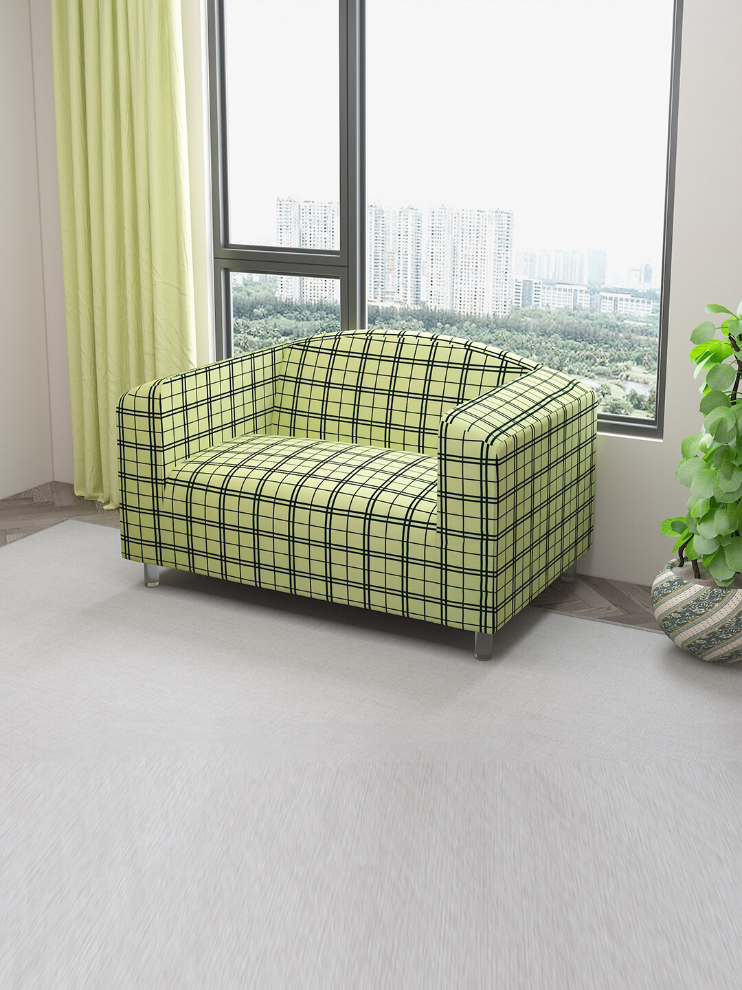 DREAM CARE Green & Black Checked Stretchable 2-Seater Sofa Cover With Anti Slip Foam Sticks
