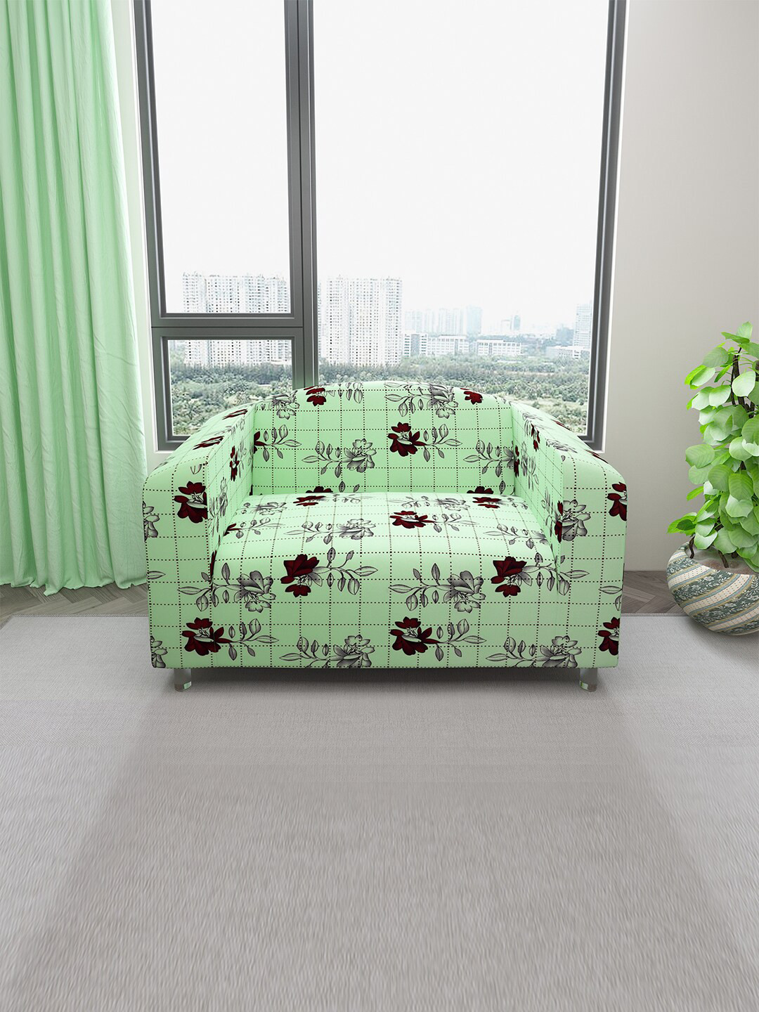 DREAM CARE Green & Grey Printed Stretchable 2-Seater Sofa Slipcover