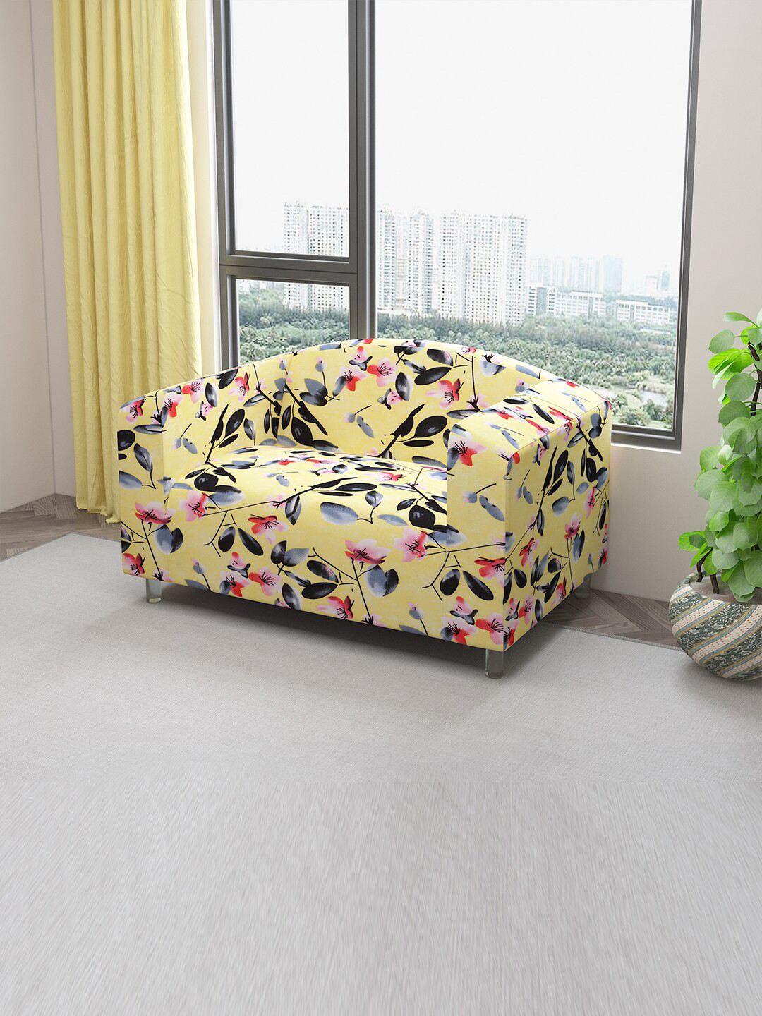 DREAM CARE Yellow & Black Floral Printed Stretchable 2-Seater Sofa Cover With Anti Slip Foam Sticks