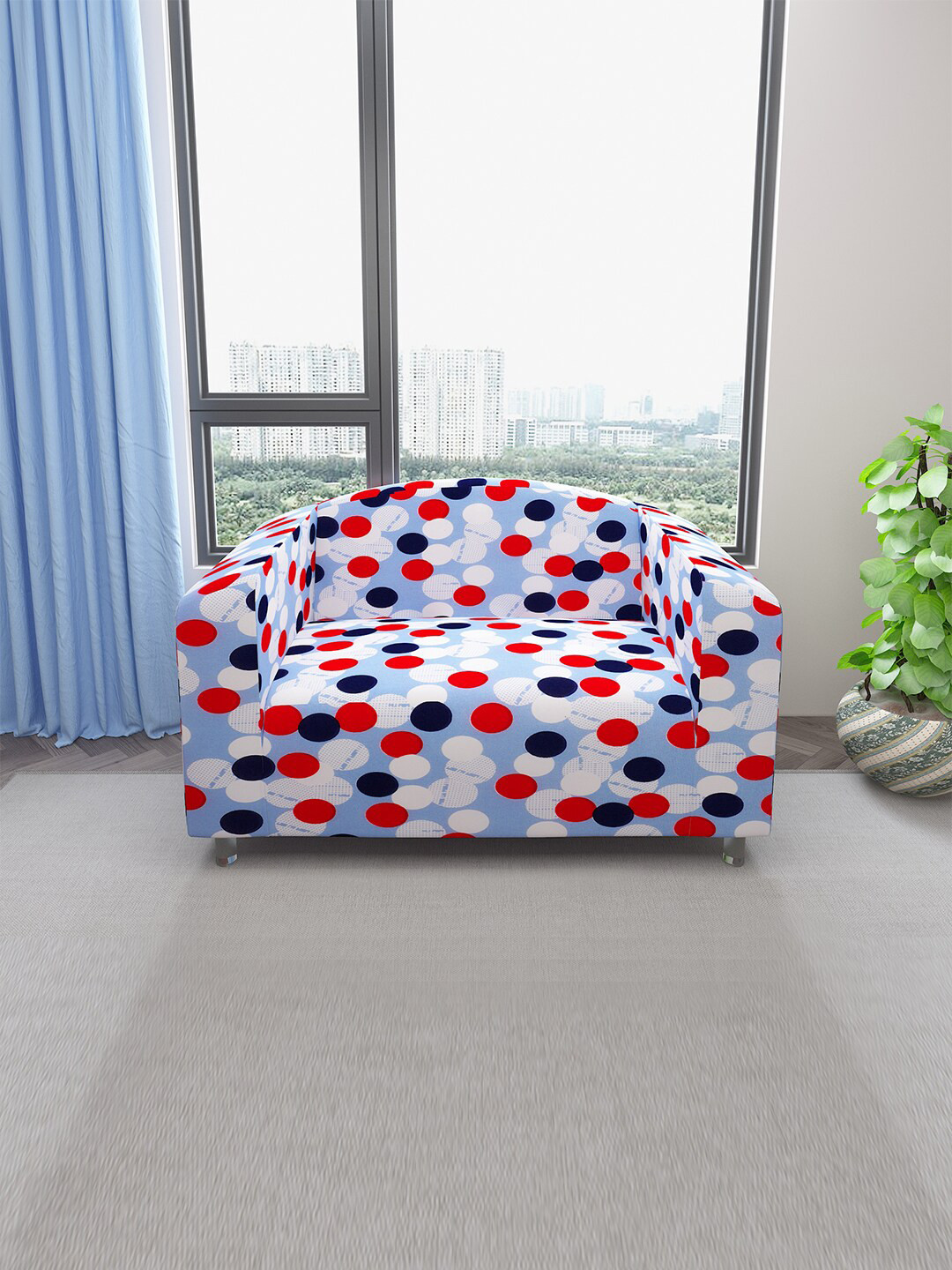 DREAM CARE Blue & White Printed Stretchable 2-Seater Sofa Slipcover