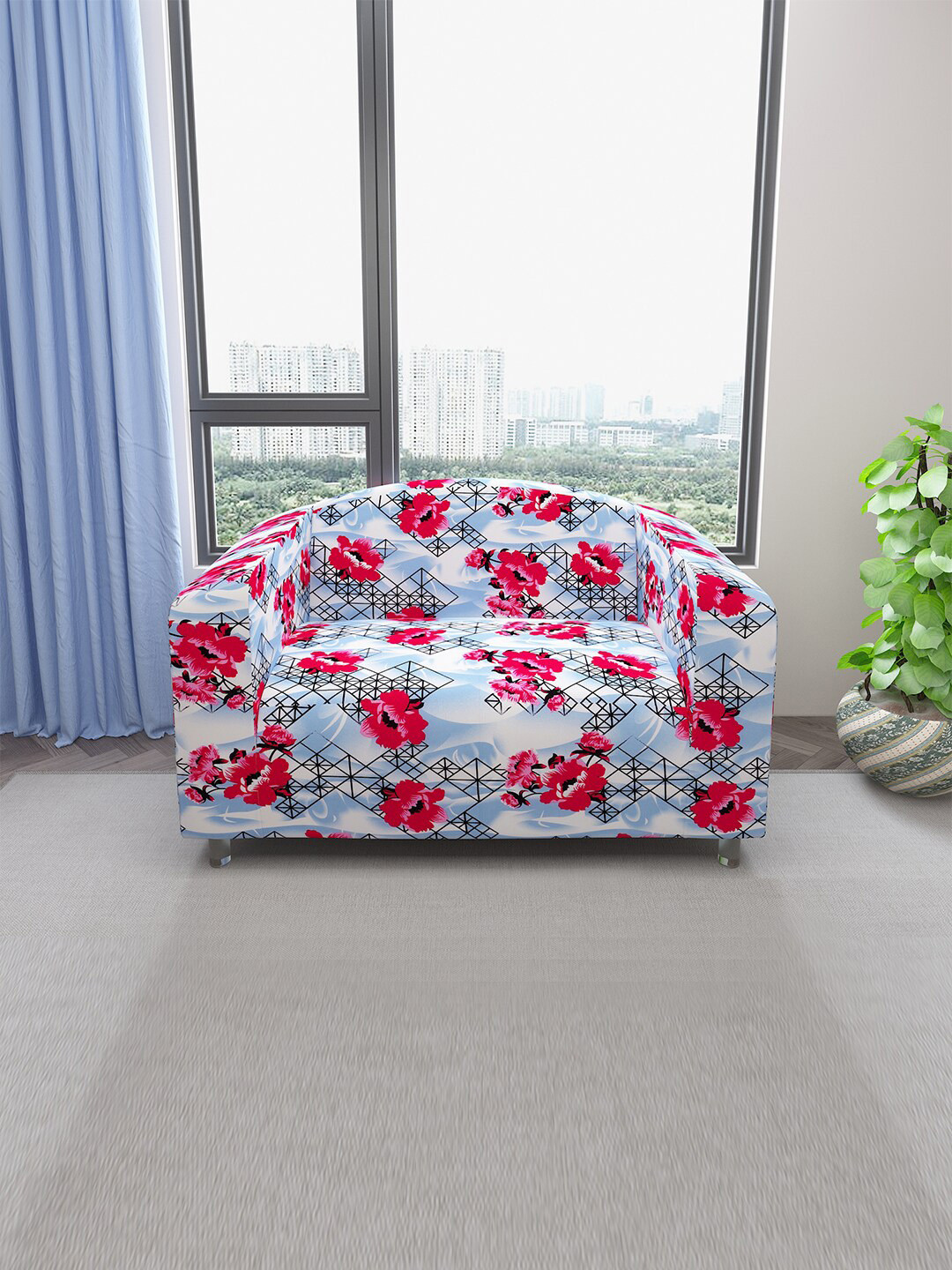 DREAM CARE Blue & Pink Floral Printed Stretchable 2-Seater Sofa Cover With Anti Slip Foam Sticks