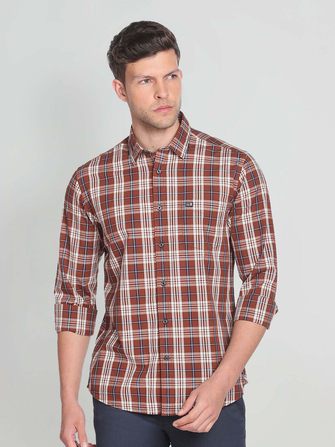 Arrow Sport Cotton Slim Fit Point Collar Plaid Checked Shirt