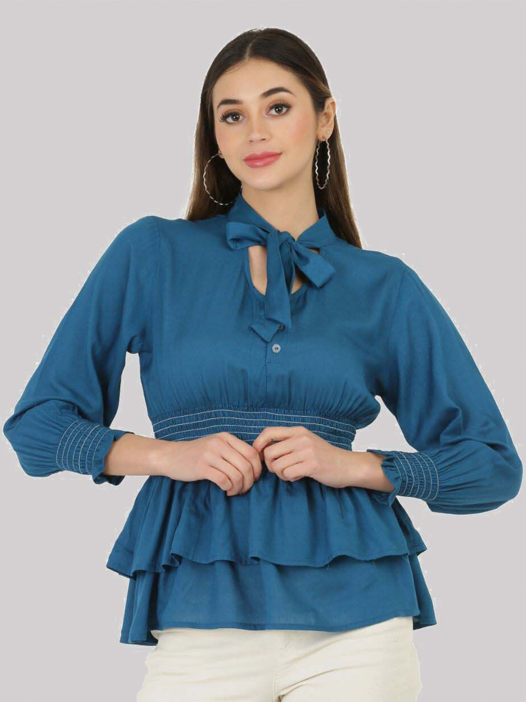 SAAKAA Tie-Up Neck Chiched Waist Top