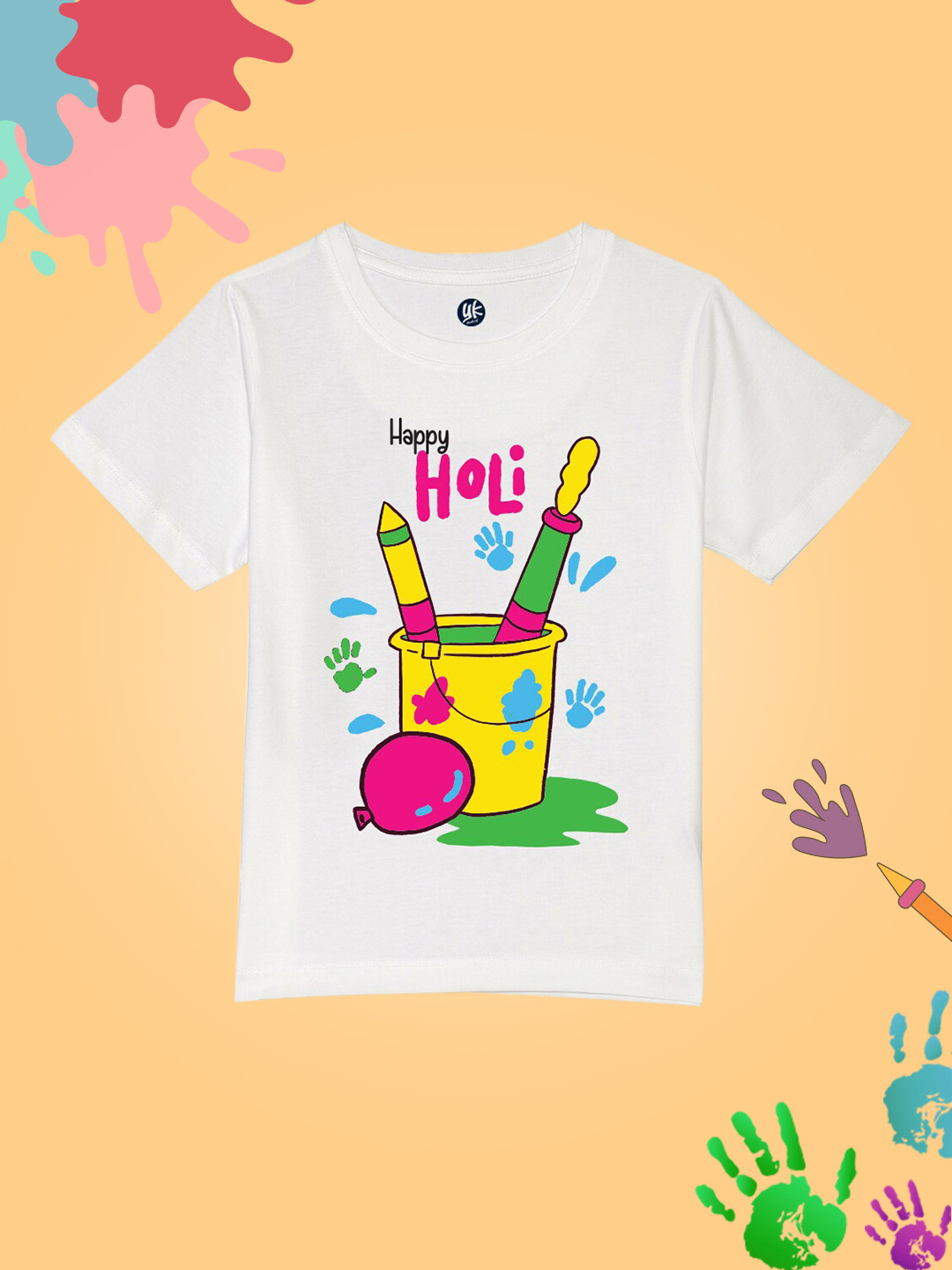 YK Kids White Holi Printed Pure Cotton T-shirt
