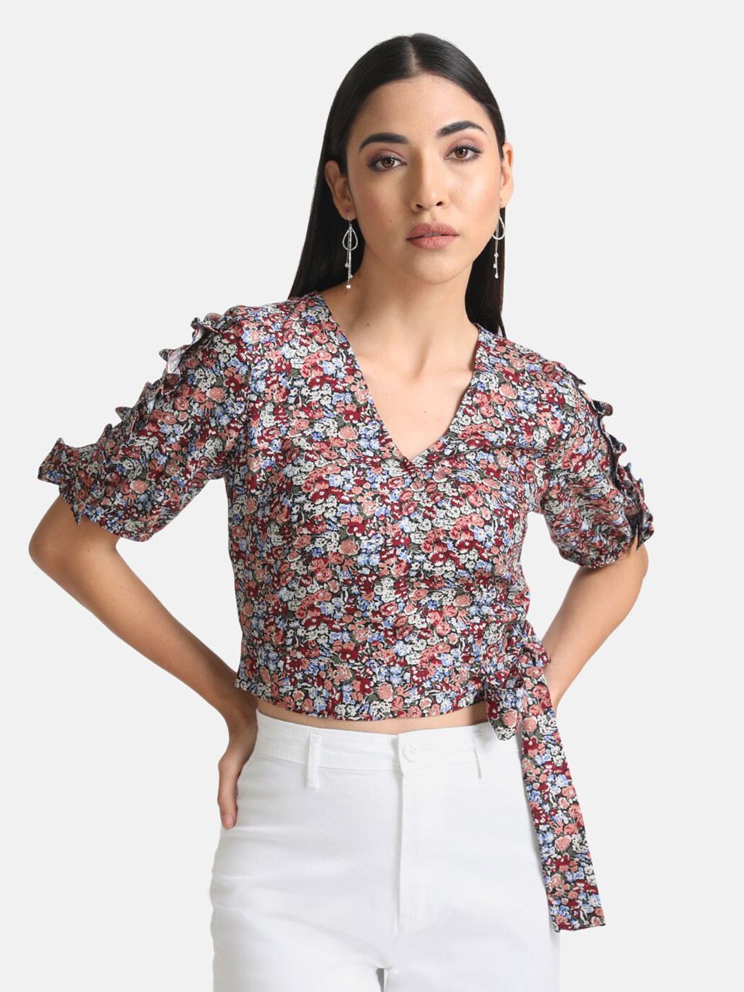 Kazo Floral Print Tie-Up Detail Ruffled Wrap Crop Top