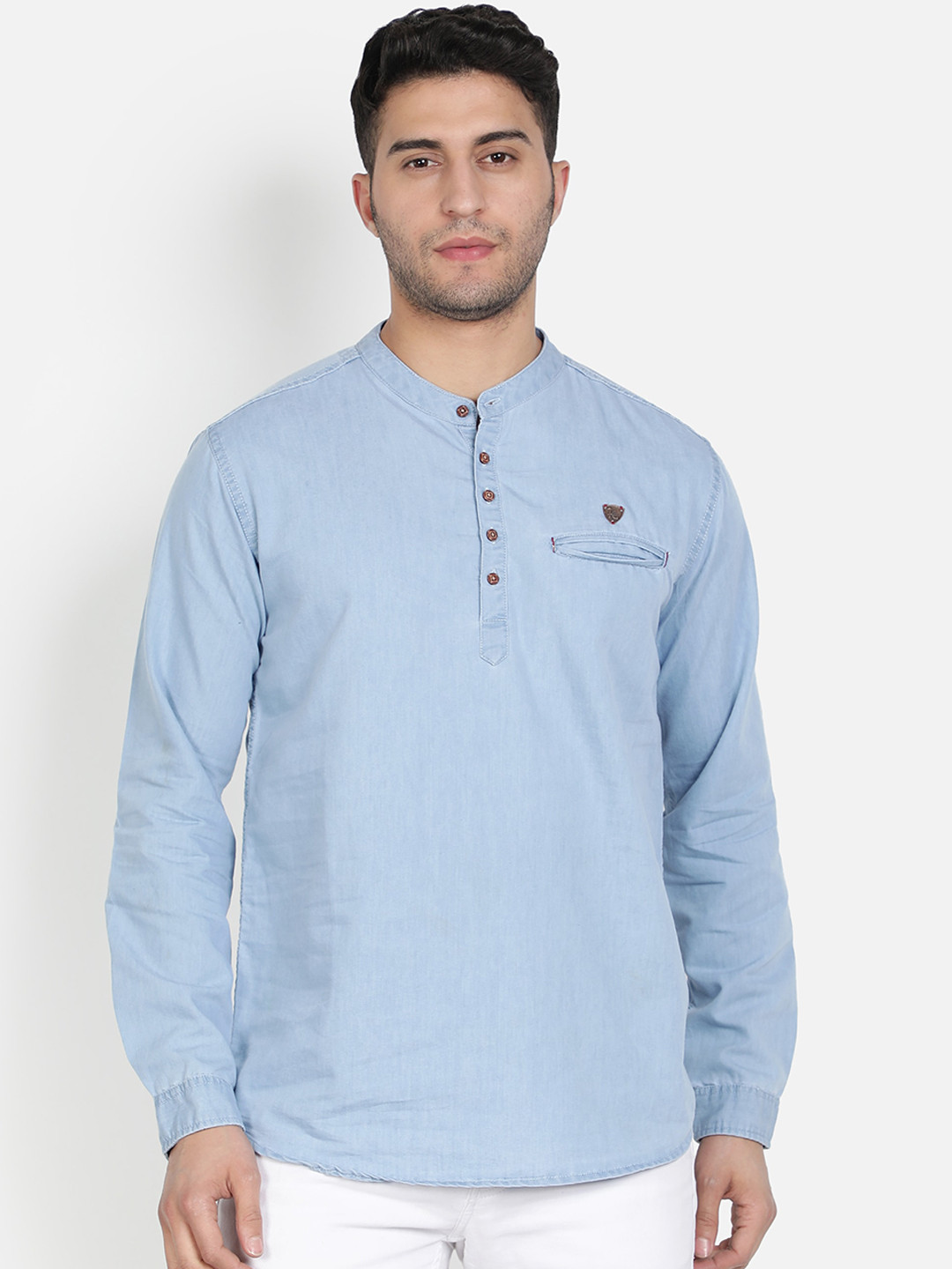 Kuons Avenue Men Band Collar Denim Short Kurta