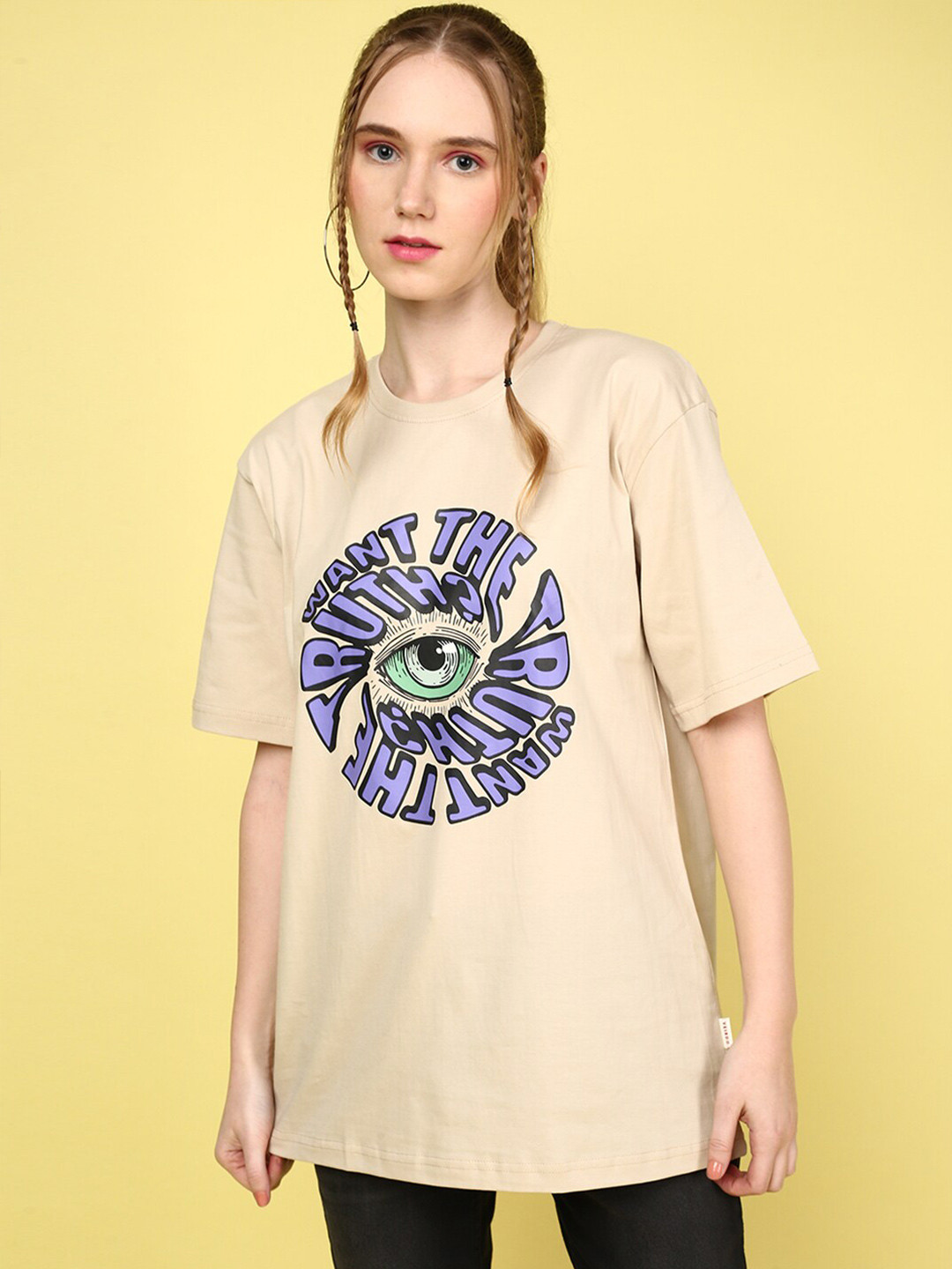 JUNEBERRY Round Neck Graphic Printed Oversize Cotton T-shirt