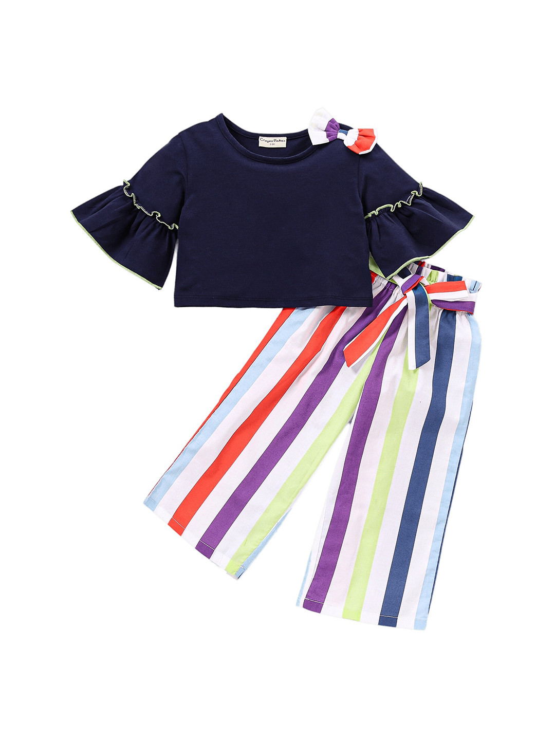 CrayonFlakes Girls Bell Sleeves Top with Striped Palazzos