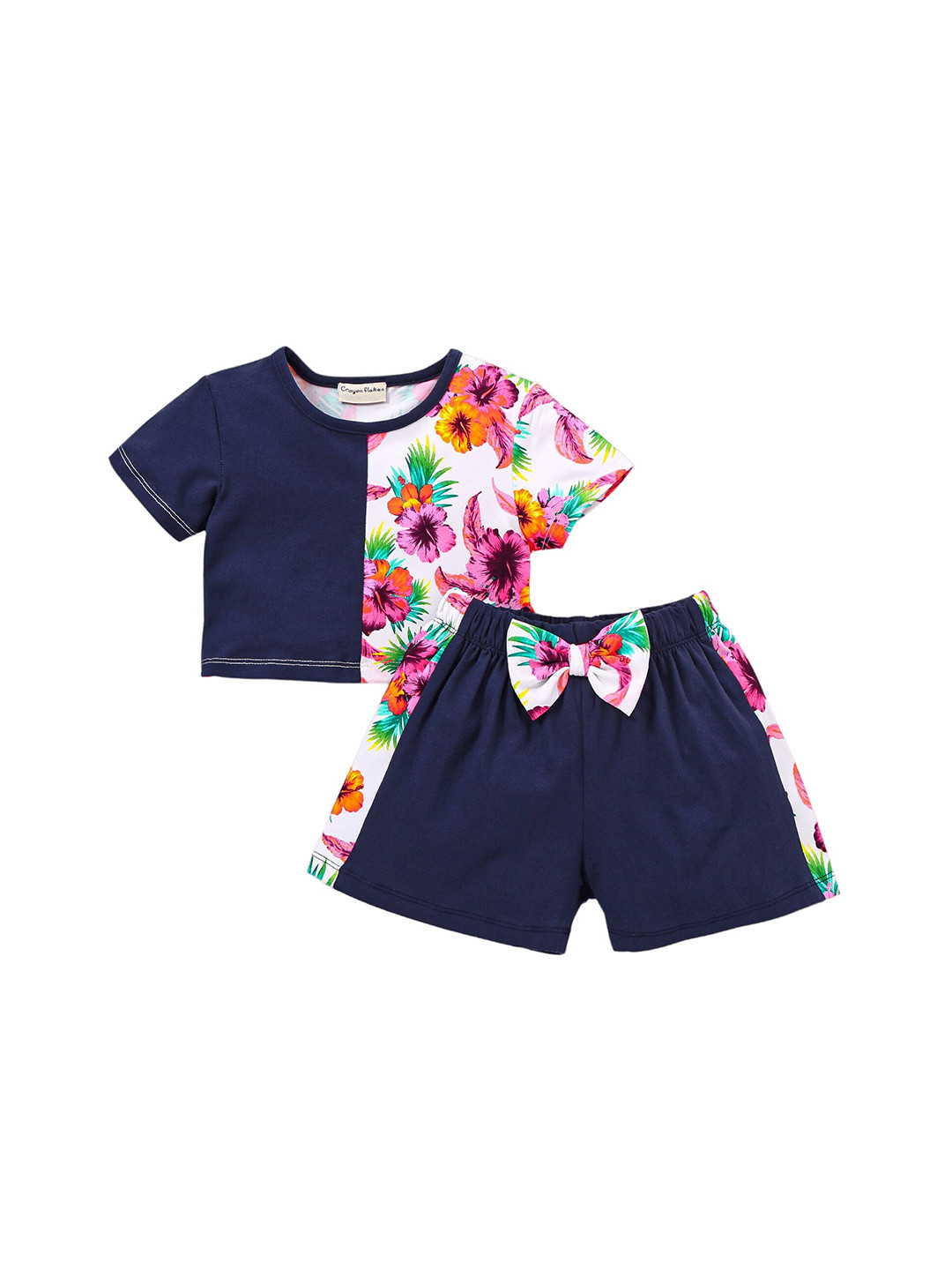 CrayonFlakes Girls Half Floral Printed Cotton T-shirt with Shorts Clothing Set