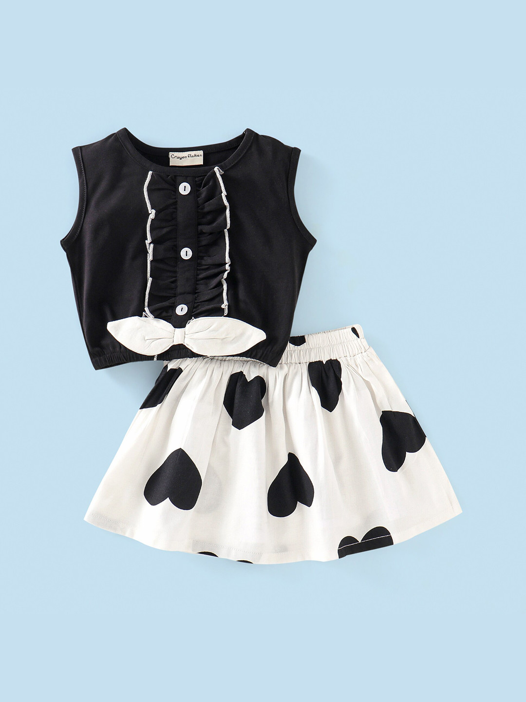 CrayonFlakes Girls Hearts Printed Sleeveless Pure Cotton Top With Skirt