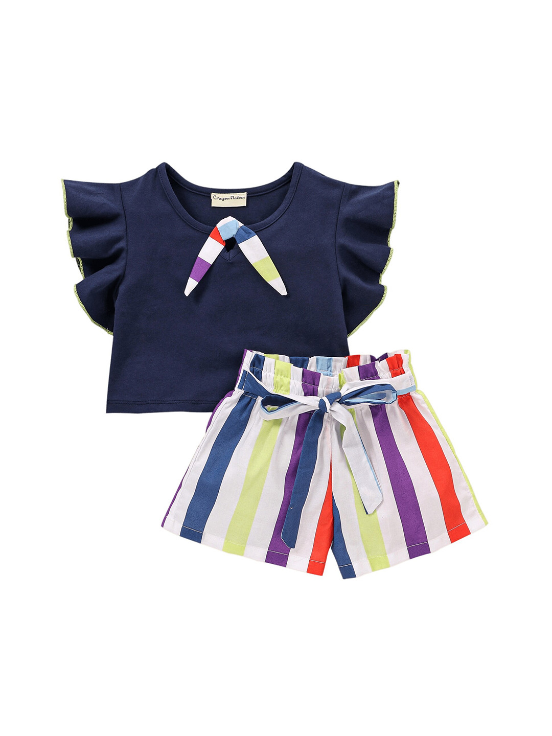 CrayonFlakes Girls Flutter Sleeves Top with Striped Shorts