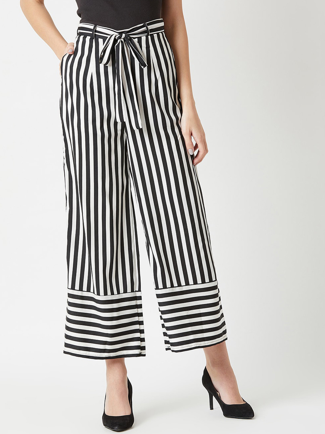 Miss Chase Women Striped Relaxed Pleated Slip-On Parallel Trouser