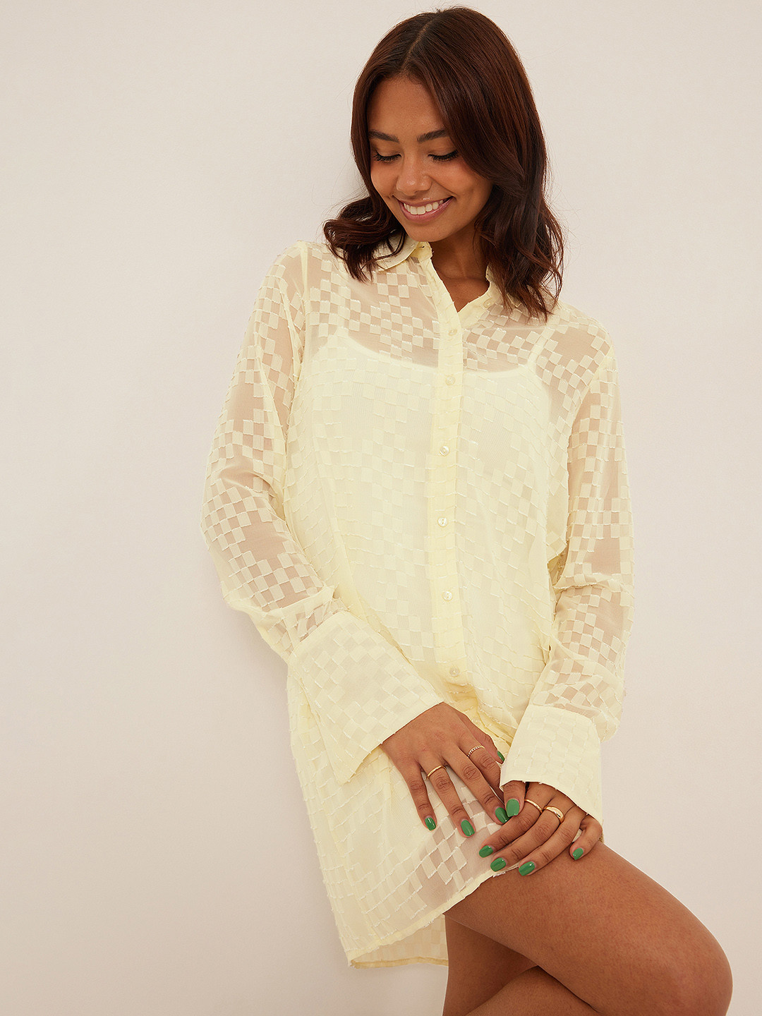 NA-KD Dobby Sheer Checked Shirt Mini Dress