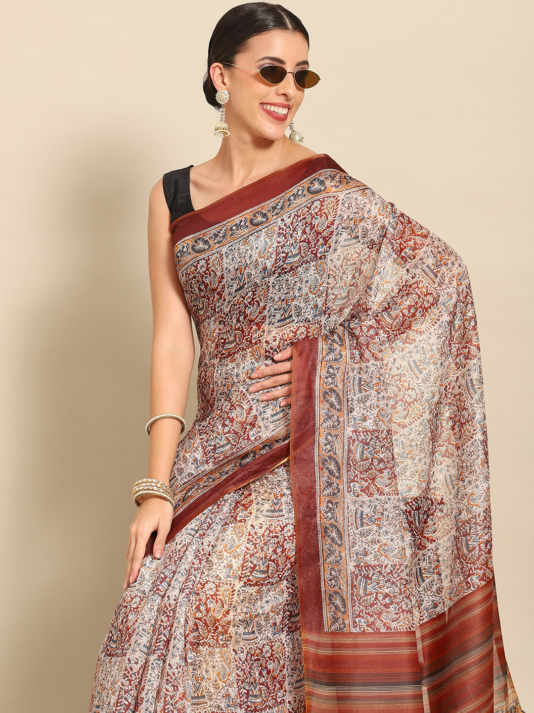 Silk Land Floral Zari Block Print Saree