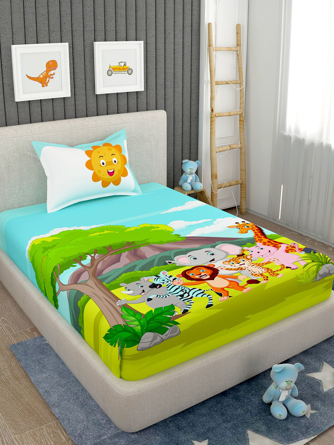 EverHOME Blue & Green Cartoon Characters 160 TC Flat Cotton Single Bedsheet & Pillow Cover