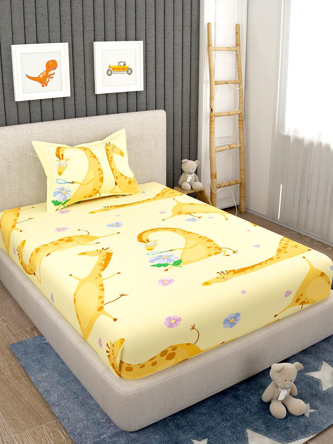 EverHOME Yellow Conversational Pure Cotton 160 TC Single Bedsheet with a Pillow Cover-18 x 27 inches
