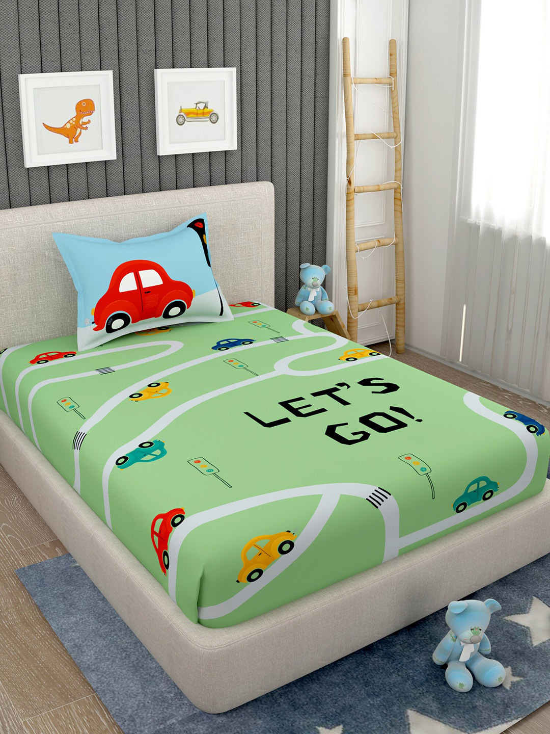 EverHOME Green Conversational Cotton 160 TC Single Bedsheet with a Pillow Cover-18 x 27 inches