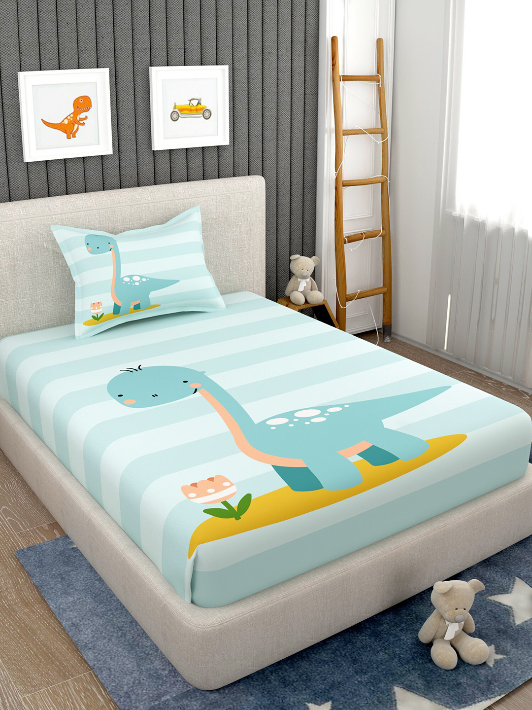 EverHOME Blue Conversational Cotton 160 TC Single Bedsheet with a Pillow Cover-150 x 224 cm