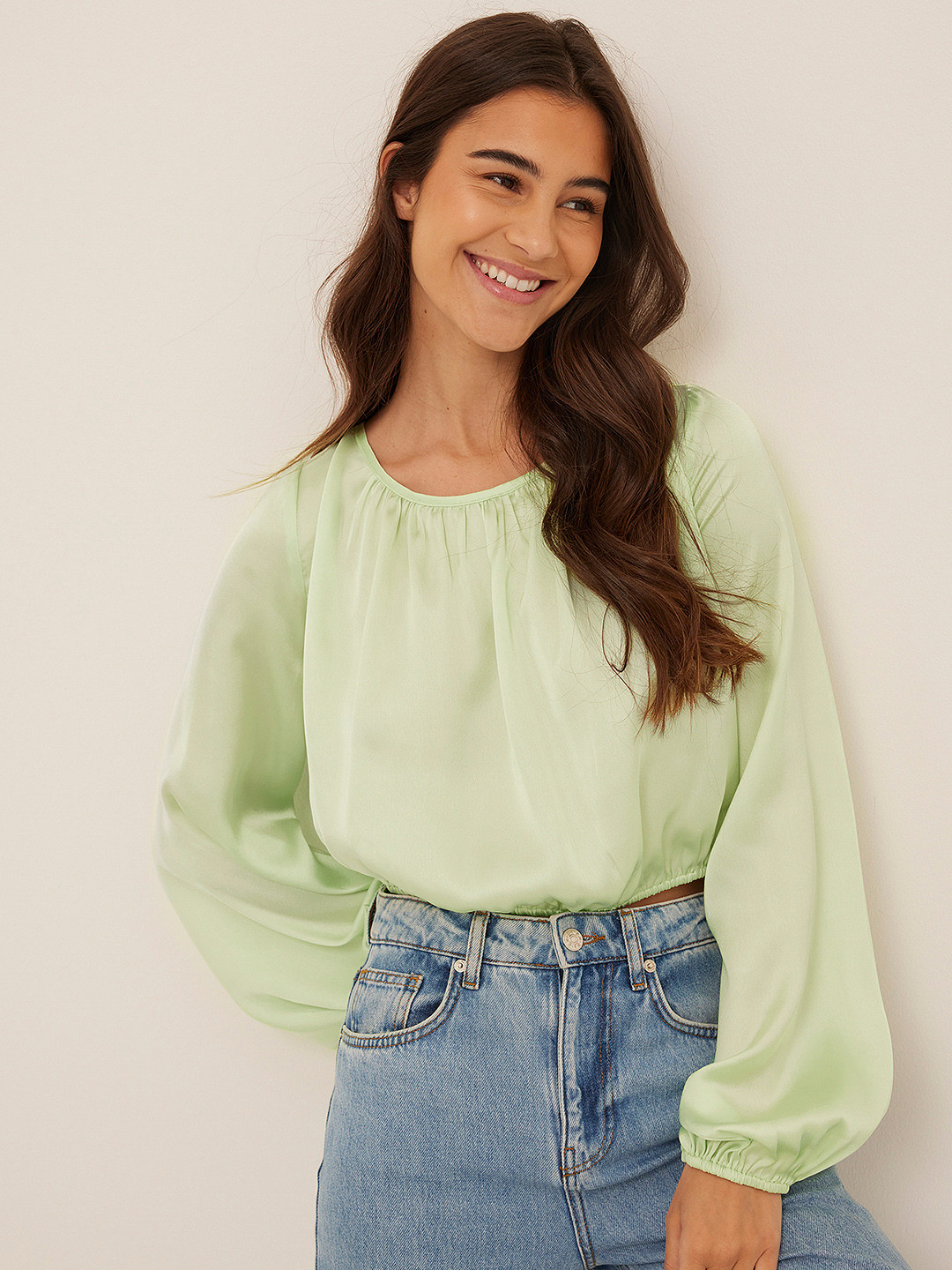 NA-KD Satin Finish Puff Sleeve Blouson Crop Top
