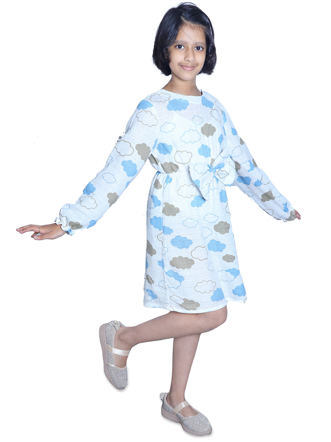 Little Musketeer Off White Floral Linen A-Line Dress
