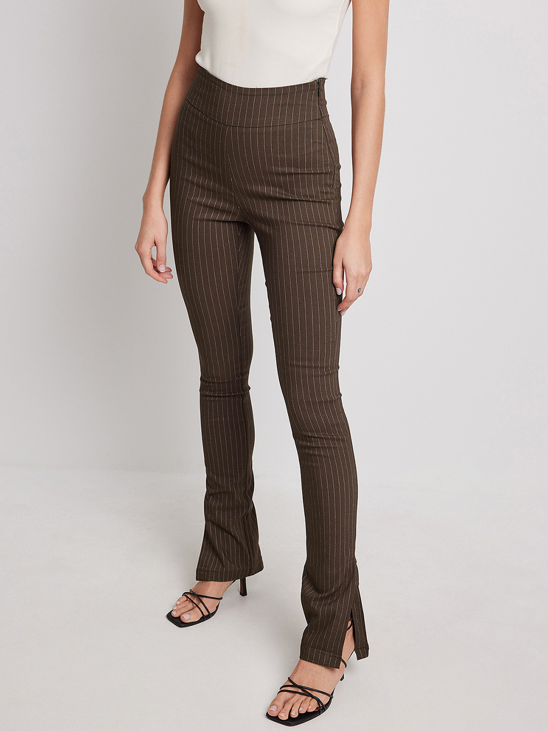 NA-KD Women Striped Skinny Fit Slit Trousers