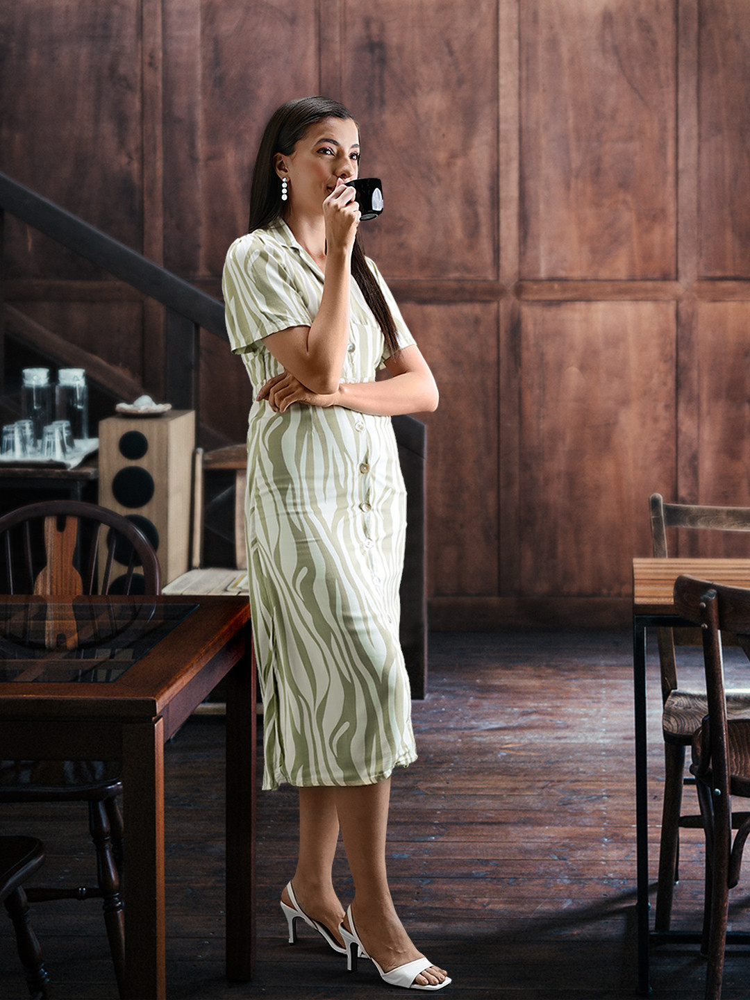 Madame Abstract Print Cuban Collar Midi Shirt Dress