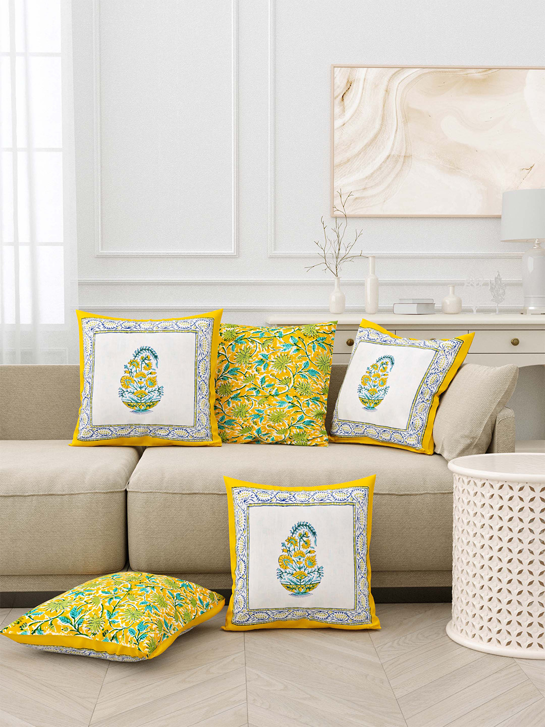 BLOCKS OF INDIA Yellow & White 5 Pcs Ethnic Block Printed Cotton Reversible Cushion Cover