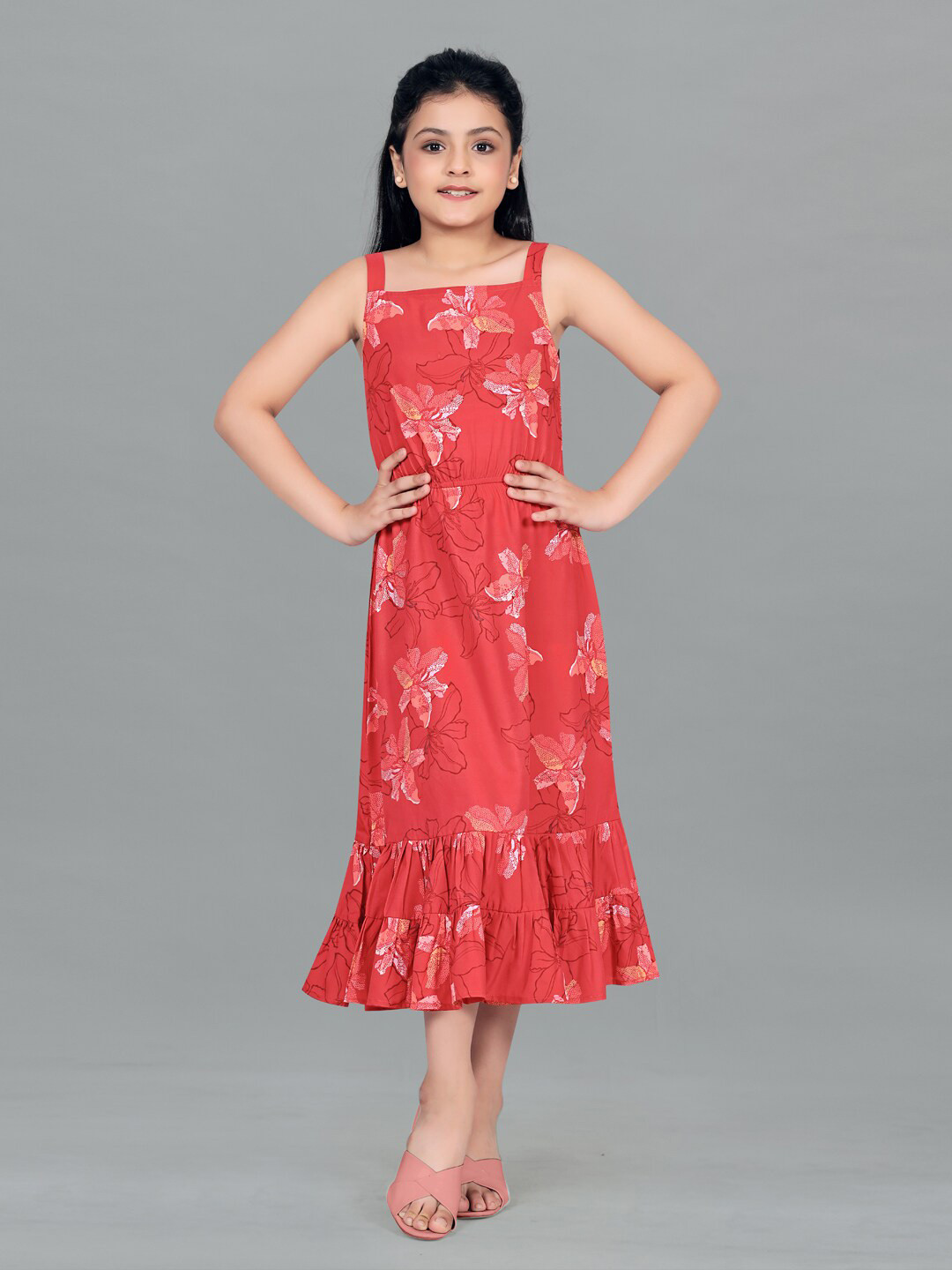 FASHION DREAM Girls Floral Printed Flounce A-Line Midi Dress
