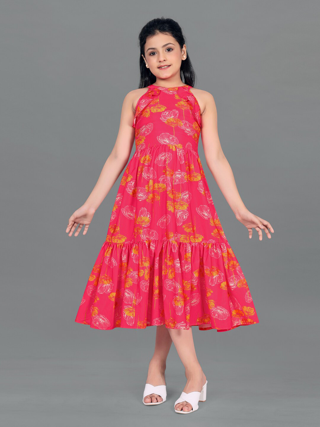 FASHION DREAM Girls Floral Printed Ruffled Flounce Midi Fit & Flare Dress