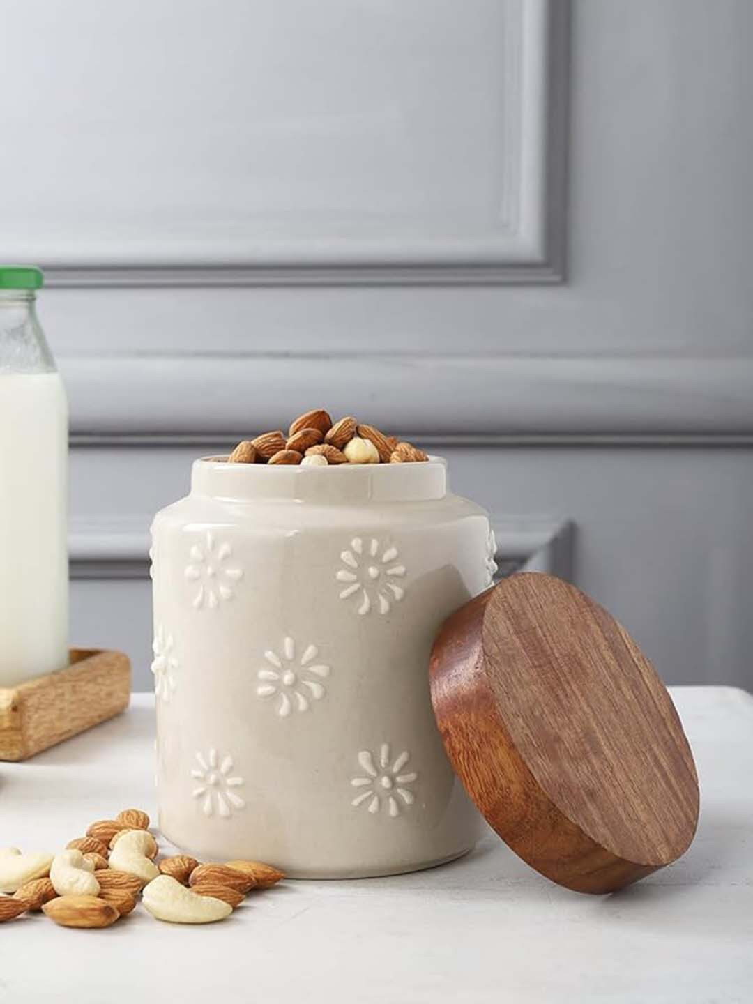 Miah Decor Cream Floral Ceramic Air Tight Flip Top Canister