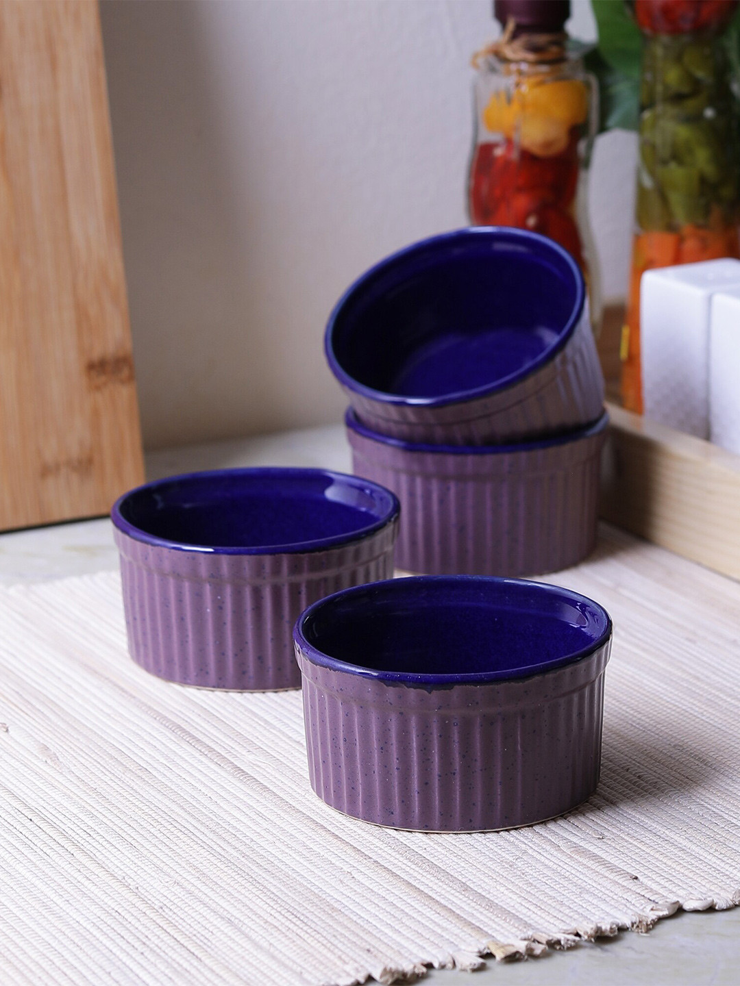 MIAH Decor Purple & Navy Blue 4 Pieces Handcrafted and Hand Painted Textured Ceramic Matte Bowls