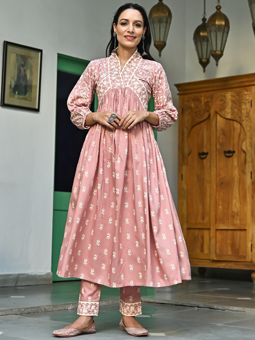 Rustorange Pink Ethnic Motifs Printed A-Line Pleated Kurta with Trousers Set