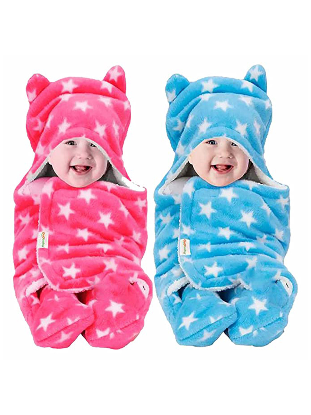 OyO Baby Infants Kids Pack of 2 Pink & Blue 3 In 1 Hooded Baby Blanket Wrapper