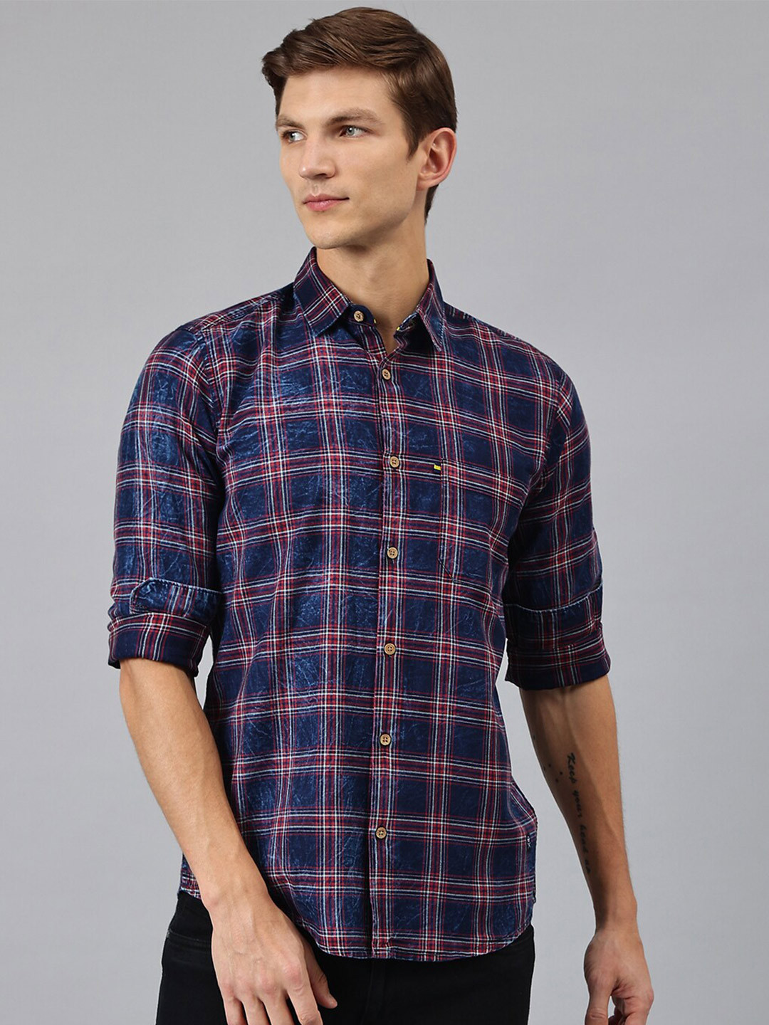 Thomas ScottTartan Checks Pure Cotton Slim Fit Casual Shirt